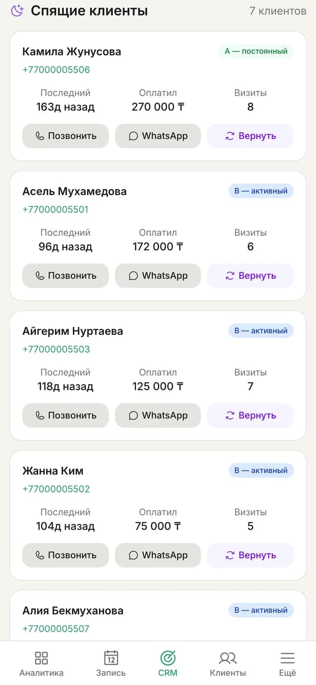 Список клиентов, которые давно не приходили, в Kanri
